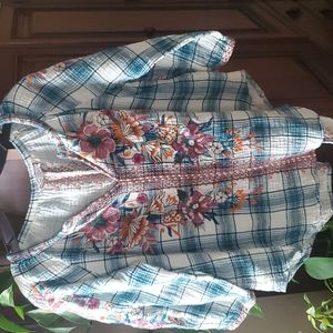 Johnny Was Workshop Embroidered Plaid Top Size Medium